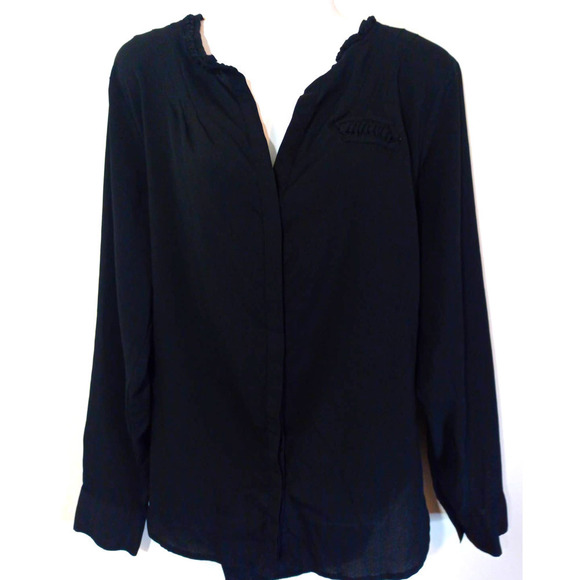 Gibson Latimer Women Sz L Black Macrame Jersey Back Long Sleeve Button Top - Picture 1 of 7
